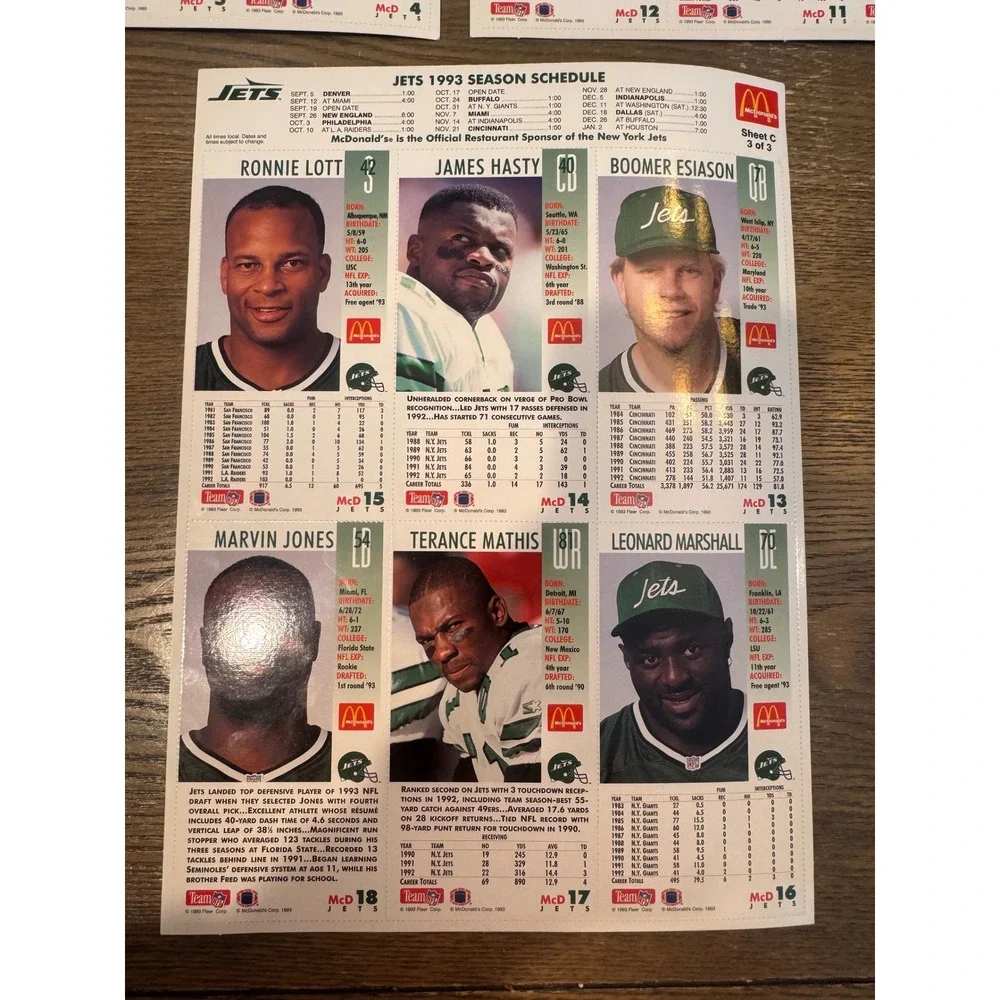 1993 McDonald's NFL Gameday Cards Complete Giants‎ & Jets Uncut Sheet Sets